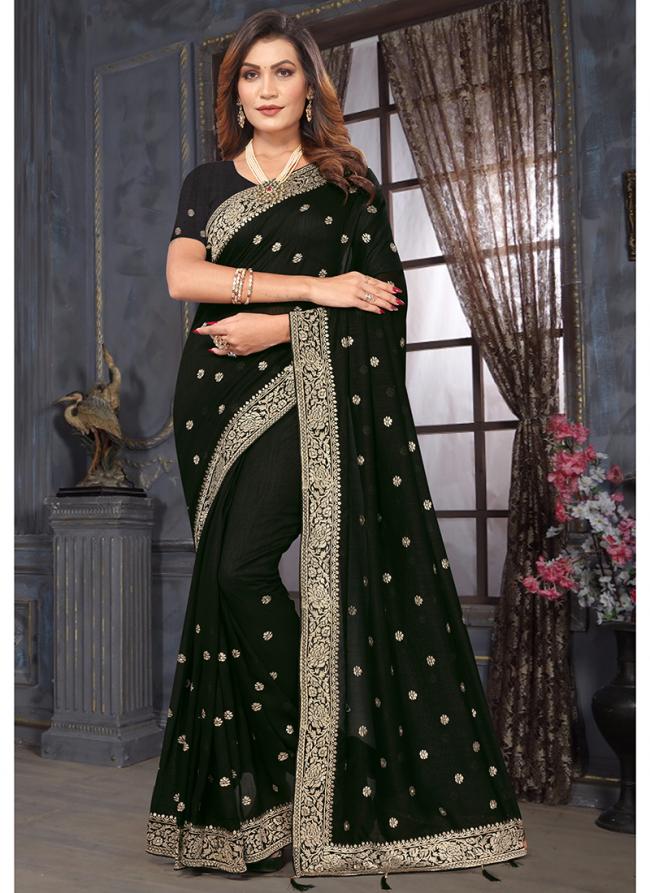 Vichitra Black Wedding Wear Embroidery Work Saree